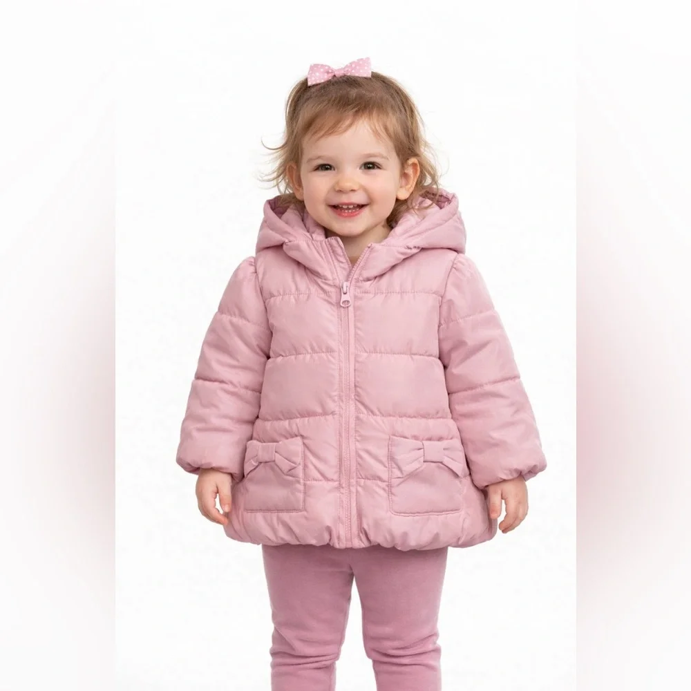 GAP Baby Girl Pink Puffer Jacket 18-24M Hooded Winter Coat Bow Pockets